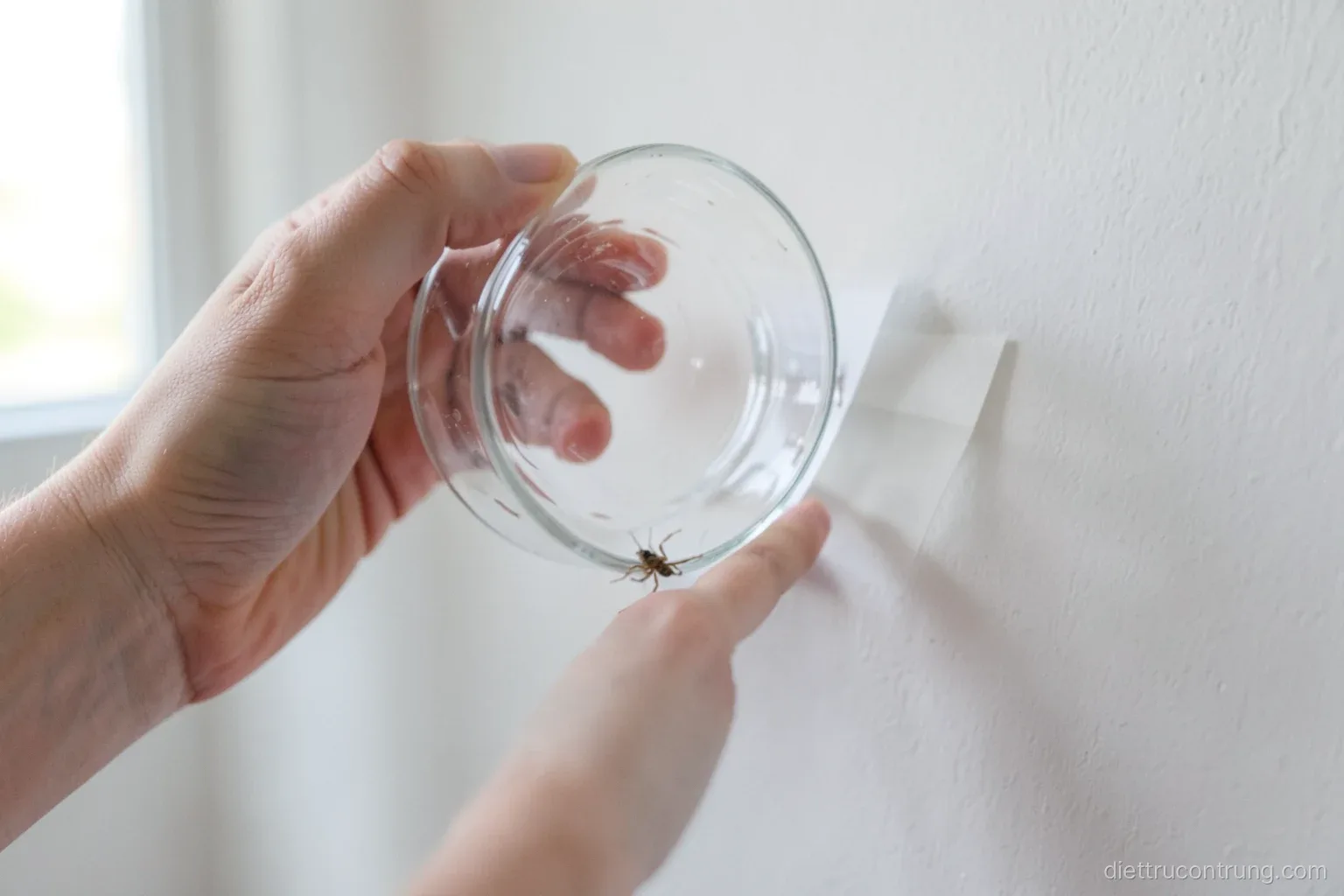 Close-up of hands holding a clear glass upside down over a small spider on a white wall, a thin card slid beneath it, soft daylight from a nearby window, calm neutral tones
