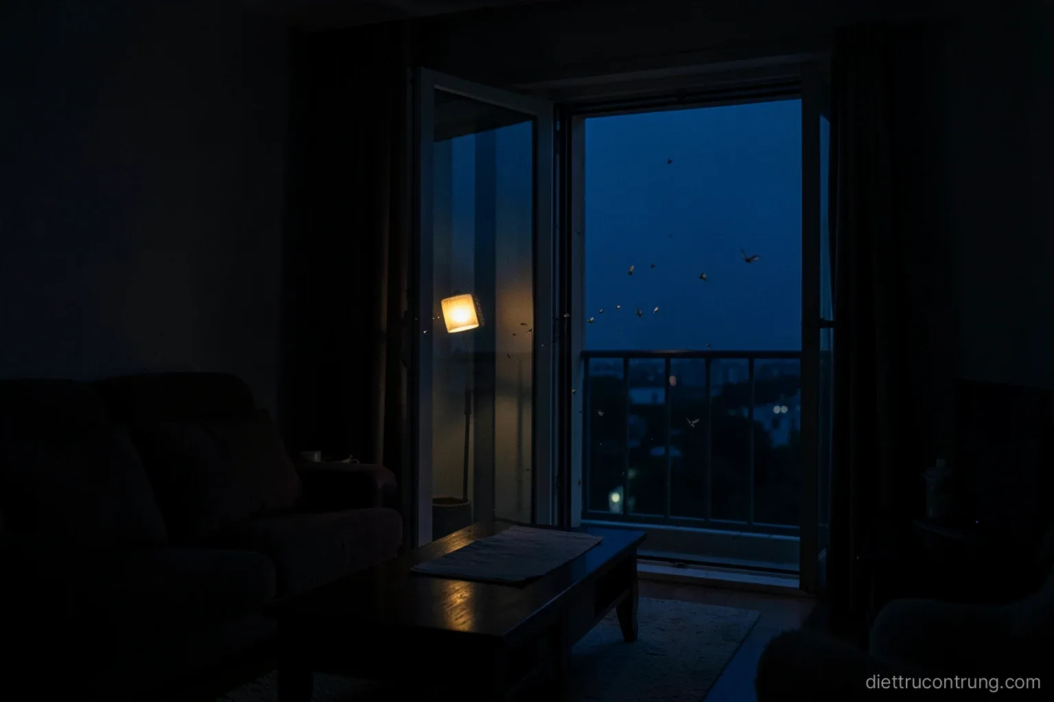 Dim Vietnamese living room at night with the main light switched off, an open balcony door glowing with a single warm outdoor lamp, a few moths flying out, calm dark blue tones