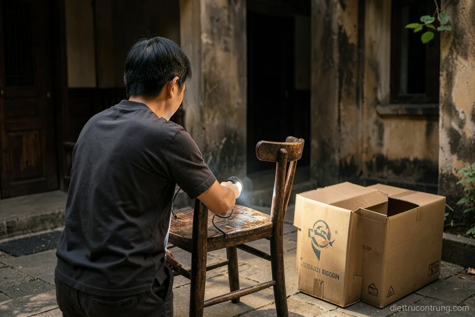 Courtyard of a Vietnamese house, a person seen from behind inspecting an old wooden chair with a flashlight beside unopened cardboard boxes, afternoon shade, earthy tones