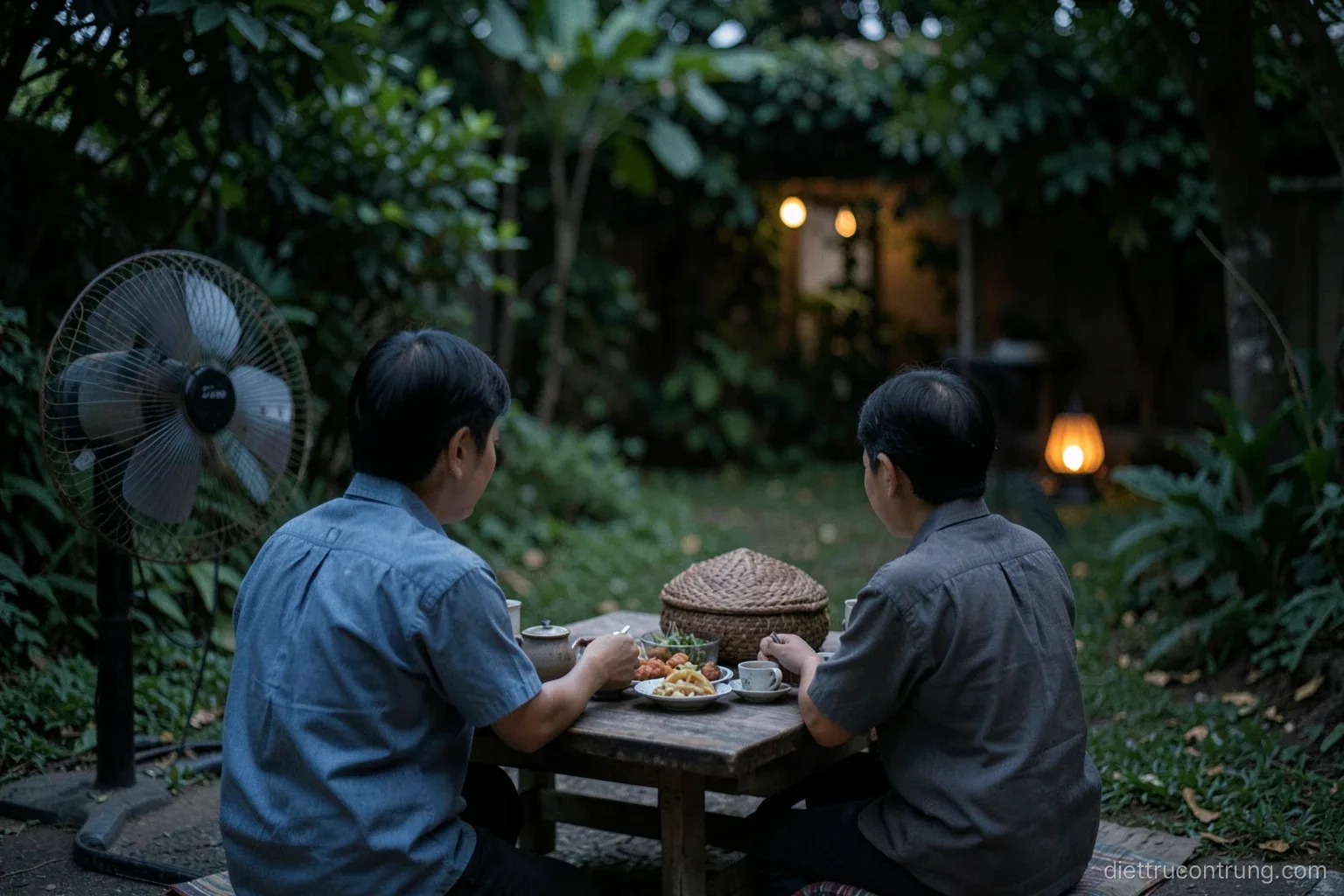 Vietnamese family seen from behind sharing tea at a low wooden table in a leafy front yard at dusk, a standing fan nearby, food under a woven cover, warm amber lamp in distance