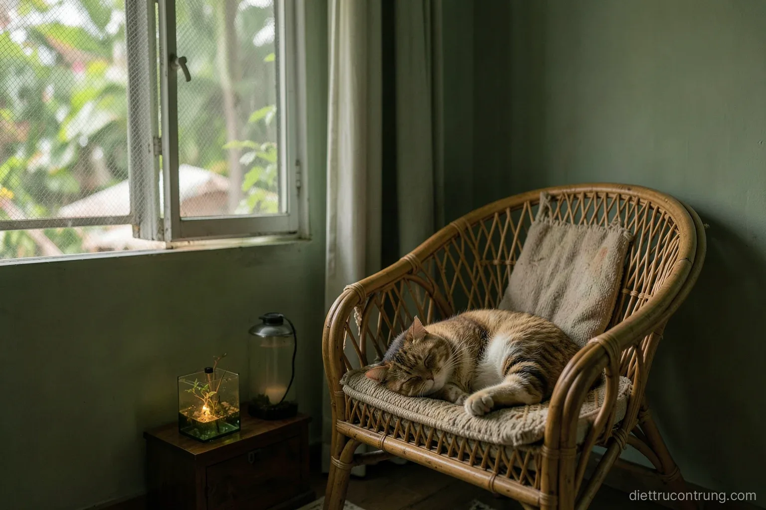 Cozy Vietnamese living room with a sleeping cat on a rattan chair, a small aquarium glowing softly, a fine mesh screen on the open window, gentle afternoon light, muted greens